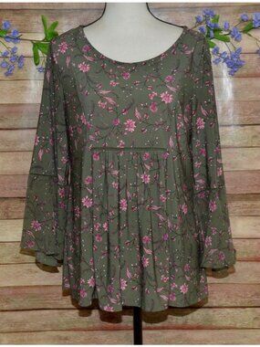 Westport Olive Green & Pink Floral Babydoll Top Blouse Flare Sleeve Size M